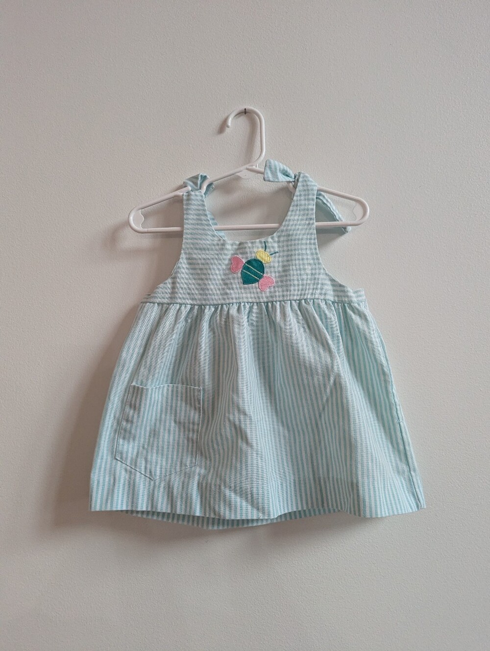 Vtg 90s Lisa Jackson Dress 9-12m Teal Stripe Bumblebee Applique